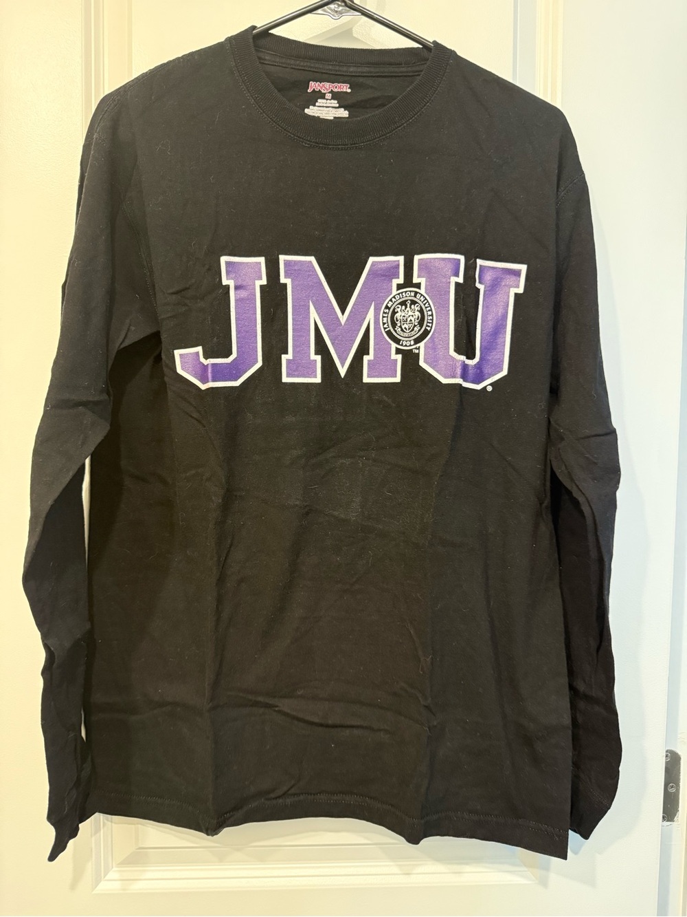 JMU Black Long-Sleeve Crewneck Shirt with Purple Lettering, size M